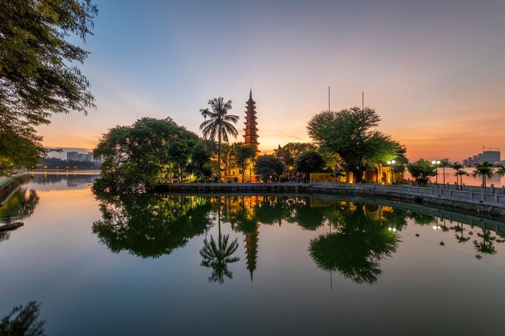 pagoda, lake, sunset, township, hanoi, vietnam, nature, landscape