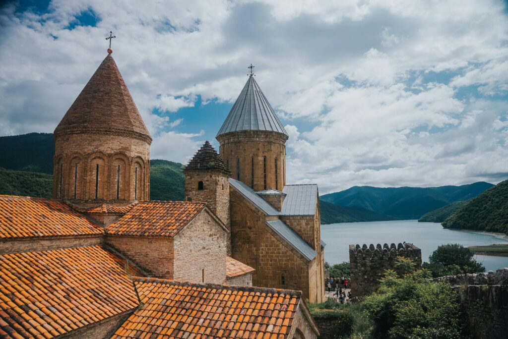 Historic Ananuri Fortress with stunning views over the Aragvi River in Tbilisi, Georgia.