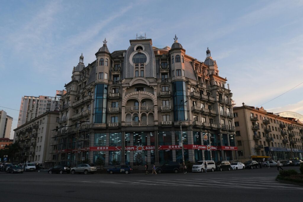 Magnificent building in Batumi, Georgia showcasing unique architecture during evening.