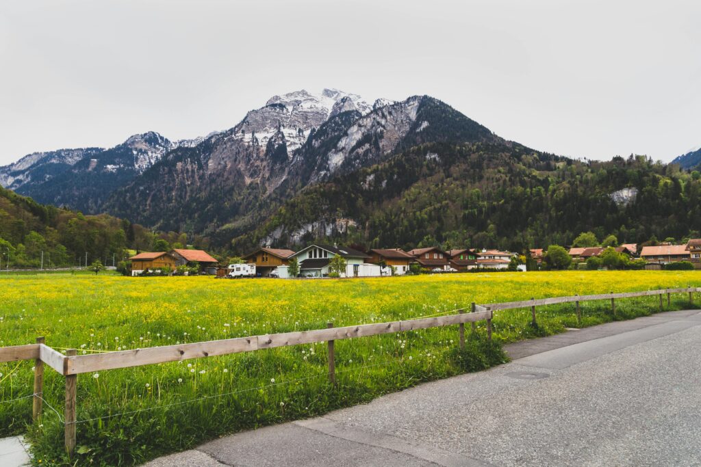 Charming Swiss village surrounded by lush fields and stunning mountain backdrop in Interlaken.